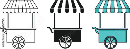 Set of various food cart designs in black white and blue colors.