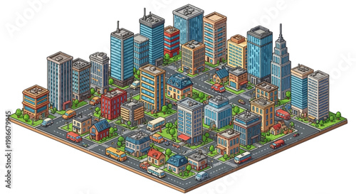 Isometric Cityscape with Tall Buildings and Streets.