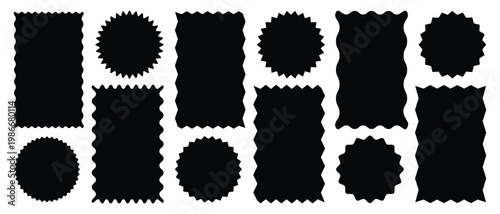 Geometric shapes with zigzag edges set. Wavy circular, oval and rectangular shape elements set, Abstract Elements for Frame, Stamp, Template, Promo Design, Set of jagged ellipses elements. 