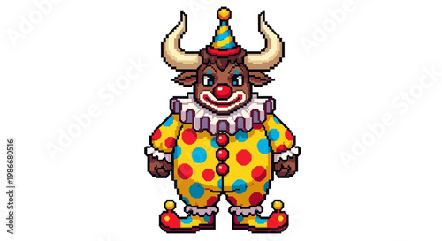 Funny Minotaur Clown Character Wearing Colorful Costume.