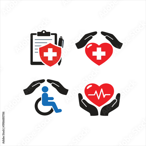 Health insurance medicine safety invalid hands palm finance treatment computer vector icon set concept. Shield clipboard, wheelchair, heart. Medical assurance help money premium