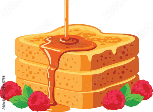 A stack of pancakes with syrup being poured on top and raspberries with leaves on a plate indoors