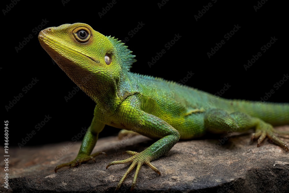 Fototapeta premium Close-up profile of a vibrant green lizard perched on a textured rock, detailed reptilian scales against a solid black background.