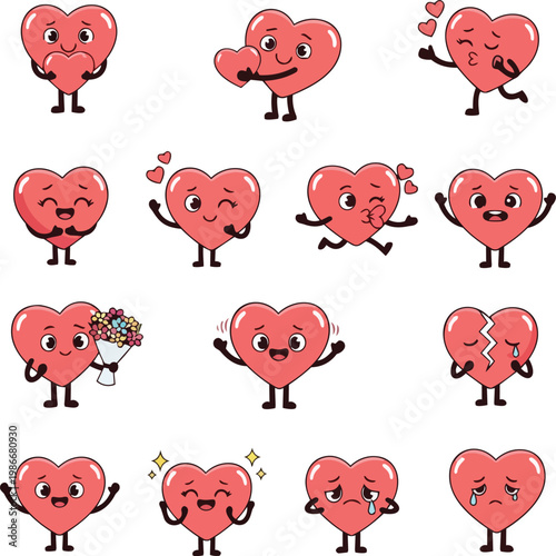 Collection of cute heart characters expressing various emotions with legs and arms on white