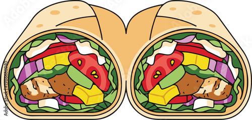 A halved burrito cut open showing colorful lettuce tomatoes meat and cheese inside