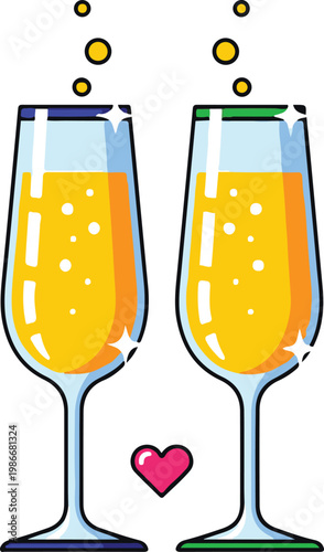 Two champagne flutes with bubbly drink and heart symbol nearby