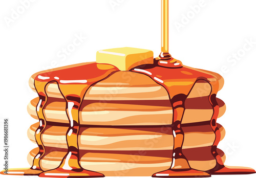 A stack of pancakes with syrup and butter on top being poured.
