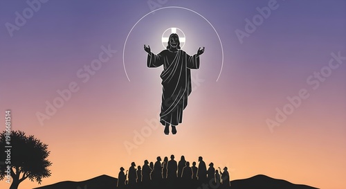 Silhouette of a figure with outstretched arms in front of an assembly at sunset