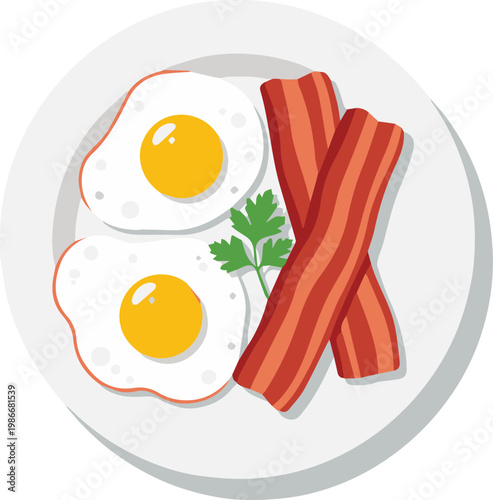 A delicious breakfast plate with eggs and bacon on a white plate