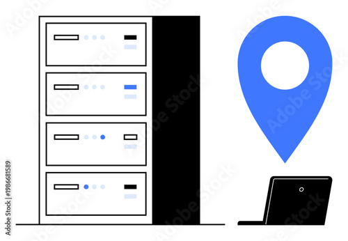 Cloud computing, data storage, network security, geolocation, online services, internet infrastructure. Server racks, geolocation icon and laptop design. Cloud computing and data storage concept