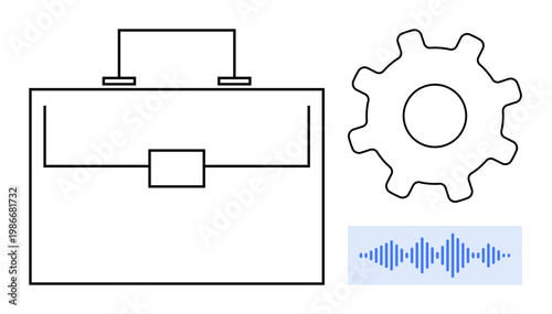 Business workflow concept. Business elements thumbs up a briefcase, a gear, and an audio wave. Business linking productivity, automation, and sound technology. For innovation, operations efficiency