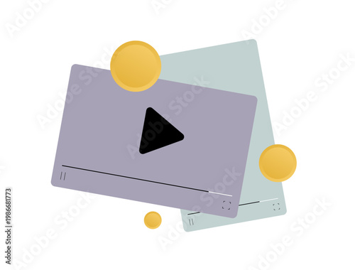 Video content platform with media playback interface and digital streaming monetization. Video streaming workflow with content management and media platform interaction vector illustration