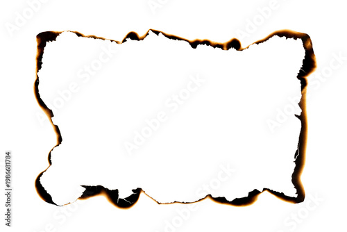 Burnt paper frame with dark charred edges and irregular torn shape