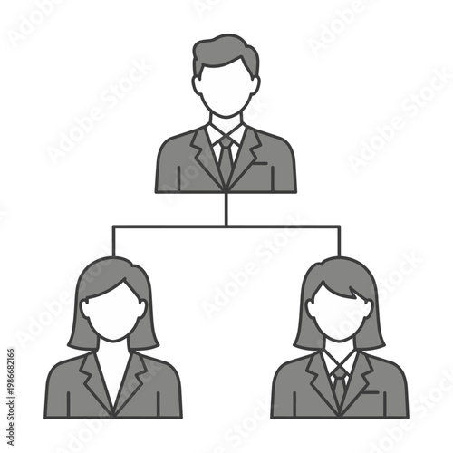 Vector graphic illustrating a hierarchical business organization with a manager and two employees in a simple, modern style.