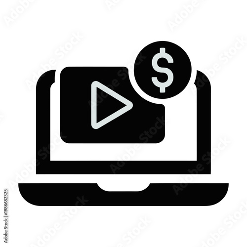 Vector graphic of a laptop with a play button and dollar sign, representing online video monetization.