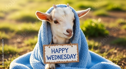 Adorable Baby Goat Wrapped in Blue Blanket with Happy Wednesday Sign