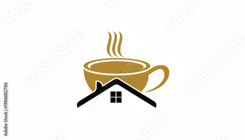 Coffee cup icon with steam above, and a simple house roof symbol inside for cozy home cafe branding featuring warm beverage, hospitality, lifestyle