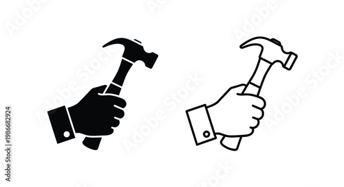 Two depictions of a hand firmly grasping a claw hammer in black