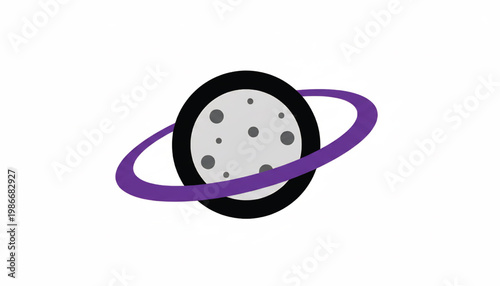 Planet icon with Saturn-like purple ring, black disk and gray cratered surface, space concept graphic
