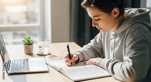 Young Man Writing in Notebook at Modern Desk with Laptop