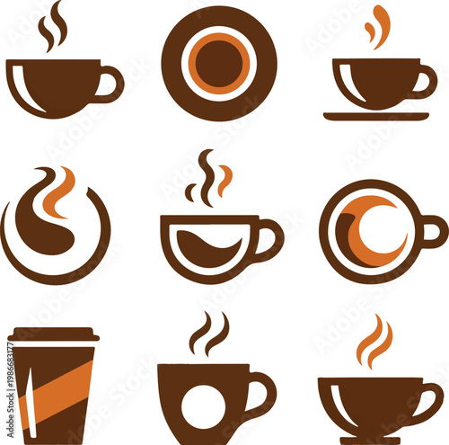 Set of coffee icons including cups, mugs, and steaming hot beverages in brown and orange on transparent background.