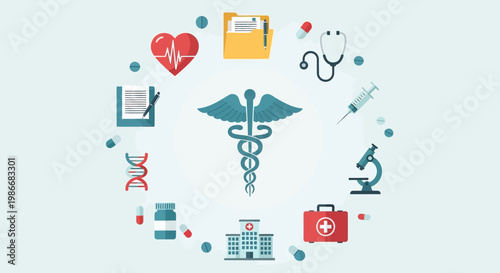 Medical symbols and icons in circle.