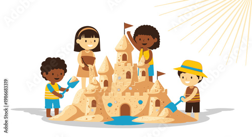 Children Building a Large Sandcastle Together.