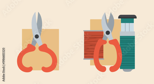 Flat vector illustration of crafting tools including red-handled snips, a spool of red thread, and green cord against a tan background.
