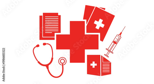 Medical symbols and healthcare icons combined.