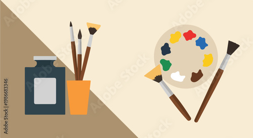 Vector illustration of artist tools featuring ink bottles, paintbrushes in a cup, and a colorful paint palette on a split beige background.