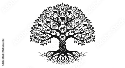 Intricate tree with roots and leaves.