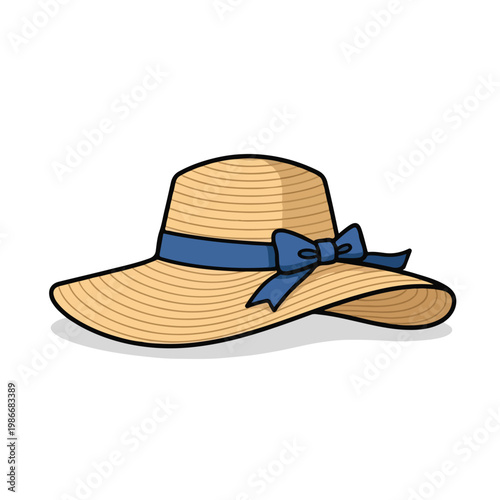 A cartoon-style straw hat with a blue ribbon