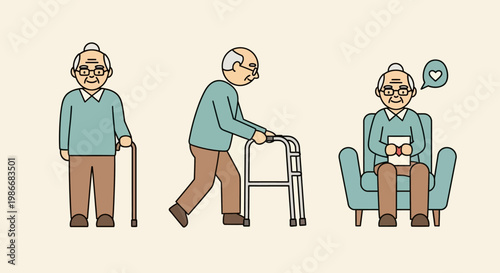 Elderly man with mobility aids walking.