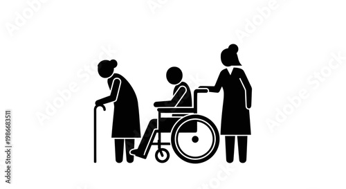 Caregivers supporting elderly people with disabilities.