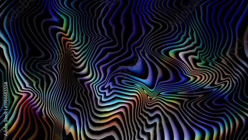 Vibrant abstract wavy pattern with rainbow colors on dark background