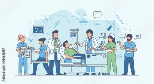 Medical team with patient in hospital.