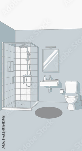 Toilet and shower bathroom interior.