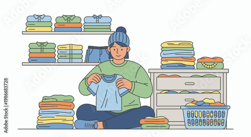 Woman folding and organizing colorful laundry.