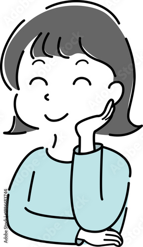 顔に手を当てて笑う女性のシンプルイラスト（ポイント・案内・解説・強調・表情・人物素材） /
Smiling woman touching her face simple line illustration (point, guidance, explanation, emphasis, people)