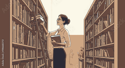 Woman Reaching for Book on Shelf.