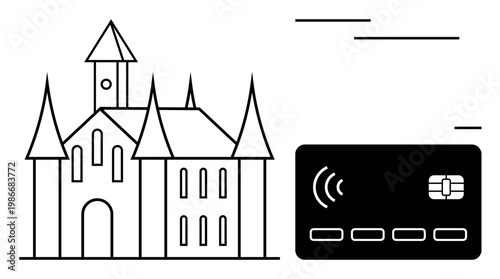 Architecture, commerce, tourism, cashless payment, heritage sites, fintech. Black and white outline of a castle with a nearby contactless payment card and electronic waves. Tourism and commerce