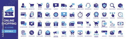 Online shopping icon set featuring solid glyph graphics for cart, delivery truck, mobile payment, digital store, discount coupon, shipping package, price tag, and customer support.