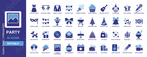Party icon set with solid glyph visuals for birthday cake, balloon, surprise gift, disco ball, cocktail, music notes, firework rocket, event microphone, and festive decoration bunting.