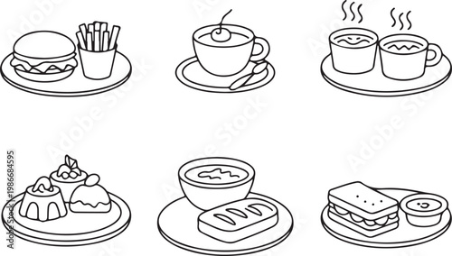 Line art collection of six different food and drink items including burgers, coffee, desserts, and sandwiches.
