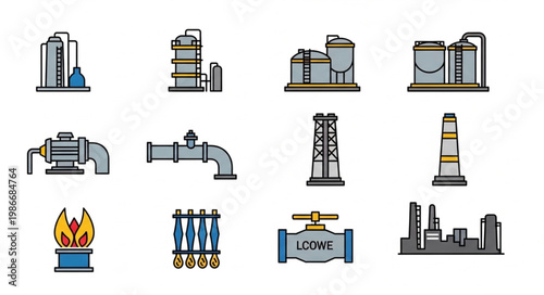 Collection of colorful industrial and oil refinery icons.
