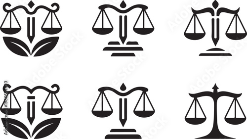 Set of black and white justice scales icons showing various styles and interpretations of balance and law symbols.
