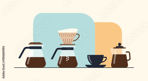 Minimalist flat vector illustration featuring coffee brewing tools like glass carafes, a pourover dripper, and a cup set against soft color blocks.