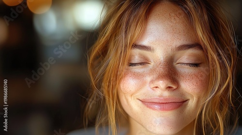 Smiling woman with freckles and closed eyes