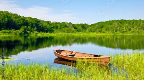 Wooden rowboat floating on peaceful summer lake