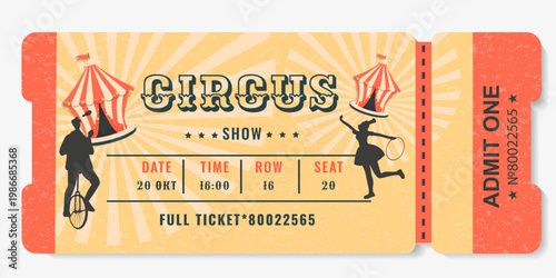 Circus ticket horizontal vector in vintage retro style with sunburst pattern and performers. Admit one design for entertainment show admission, carnival, or party invitation.